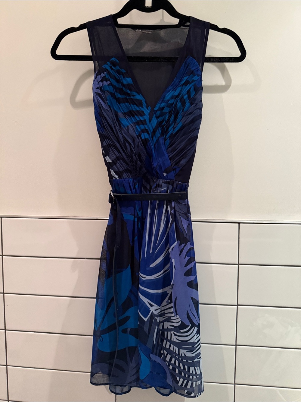 Armani Exchange Blue and Navy Tropical Print Surplice Dress with removable belt